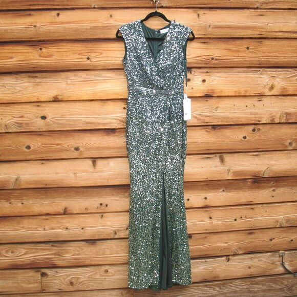 Mac Duggal 5489  Womens Green Cap SLEEVE SEQUINED HIGH SLIT GOWN - Picture 5 of 15